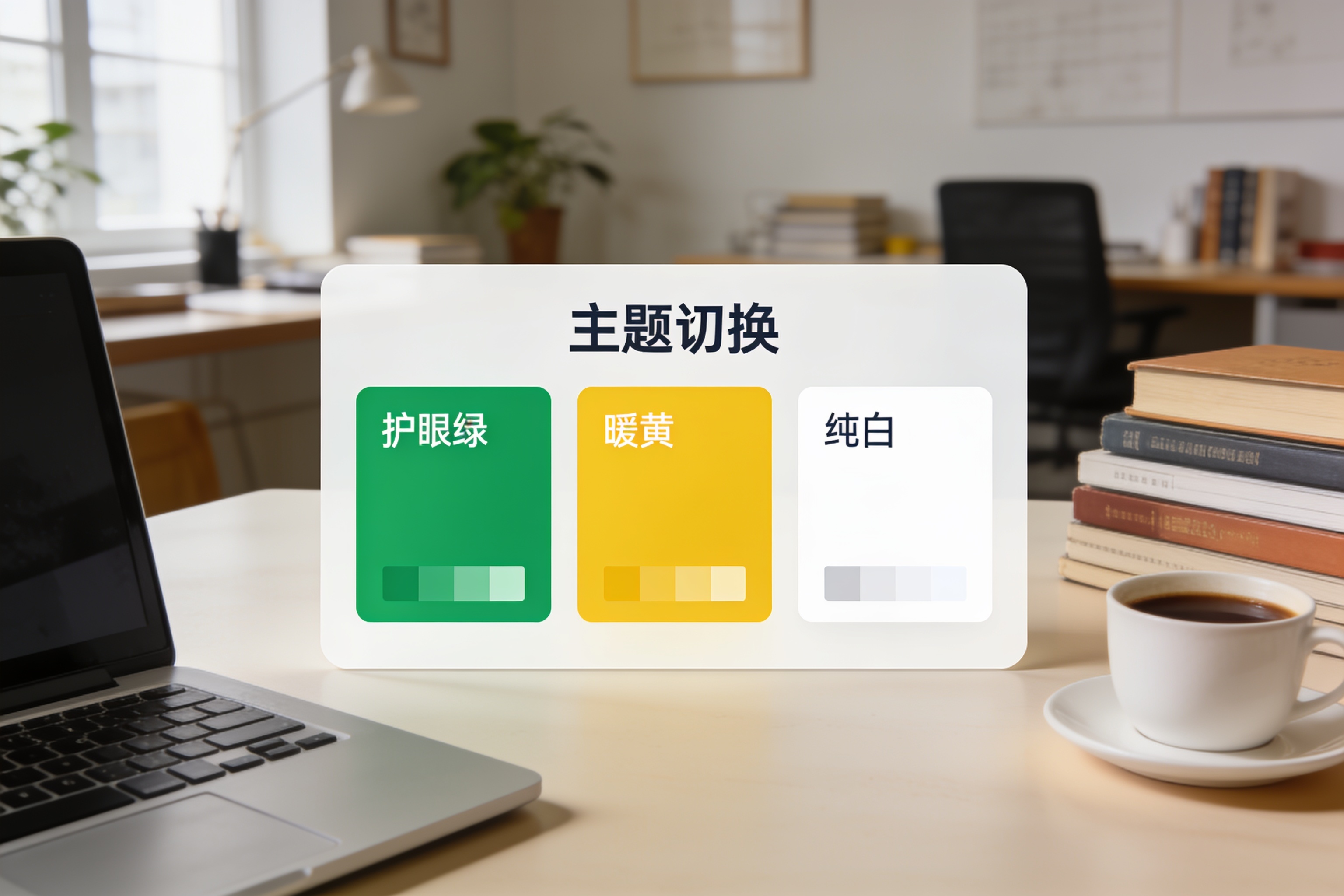 背景主题切换面板，展示护眼绿、暖黄、纯白等预设配色方案